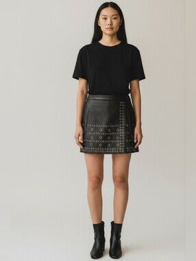 BCBGMAXAZRIA Black Faux Leather Grommet Mini Skirt